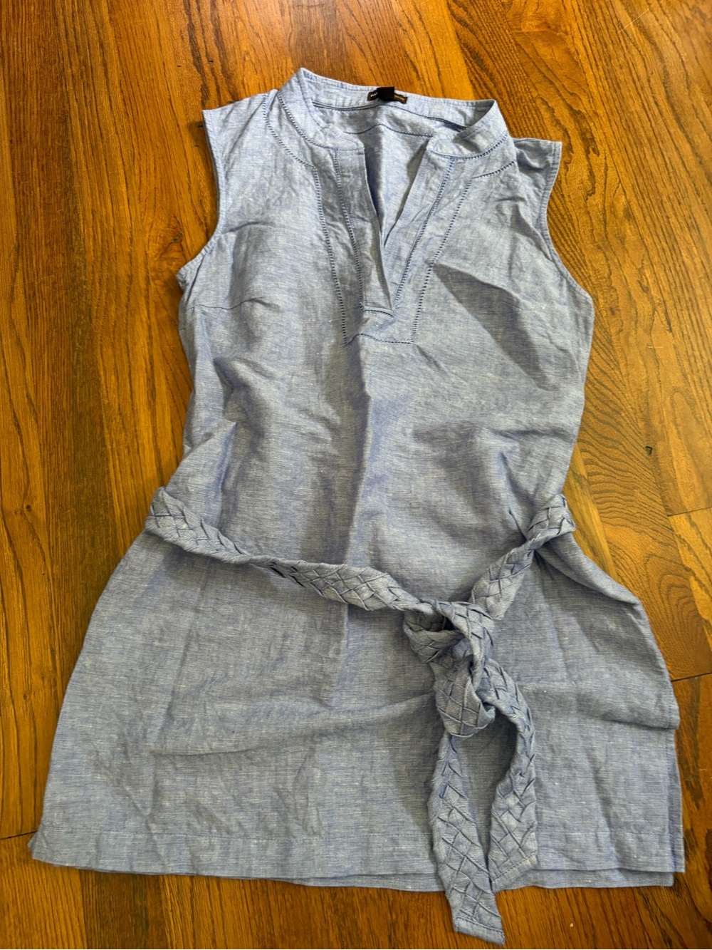 *Dana buchmam grey/Blue Sleeveless Dress with Braided Belt